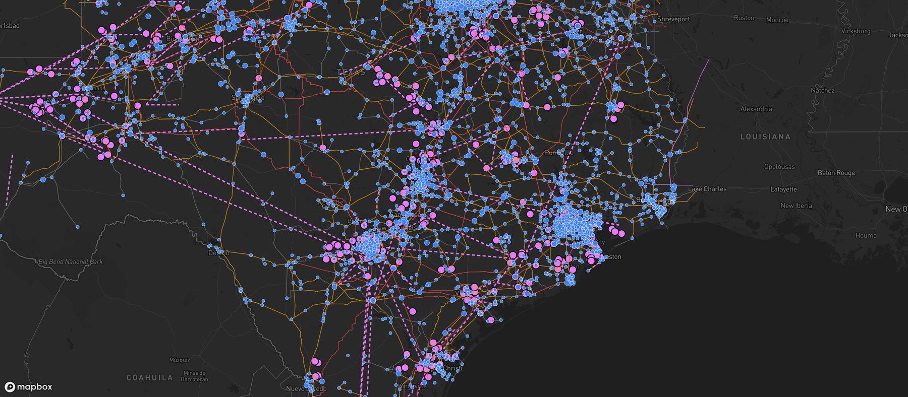 Texas transmission lines and substations on the Barrio Grid map
