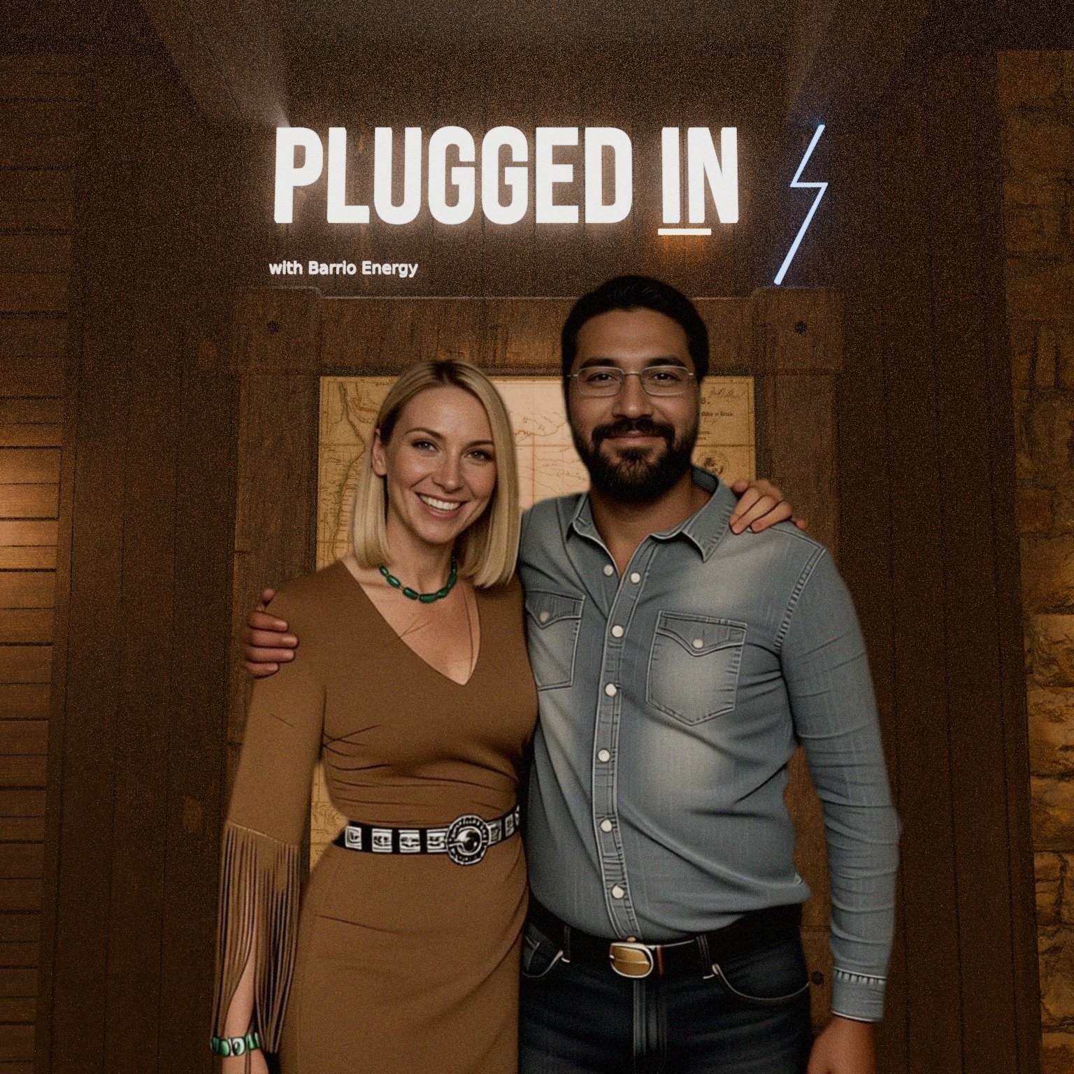 Andi and Marco standing at the Texas map on the Plugged In set