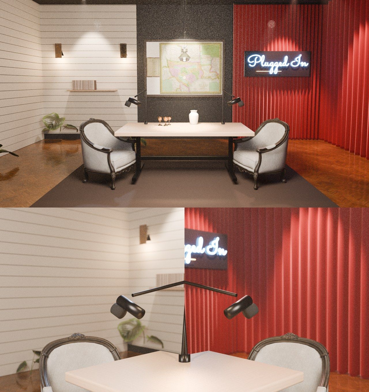 Studio set version 2, walnut table and neon sign