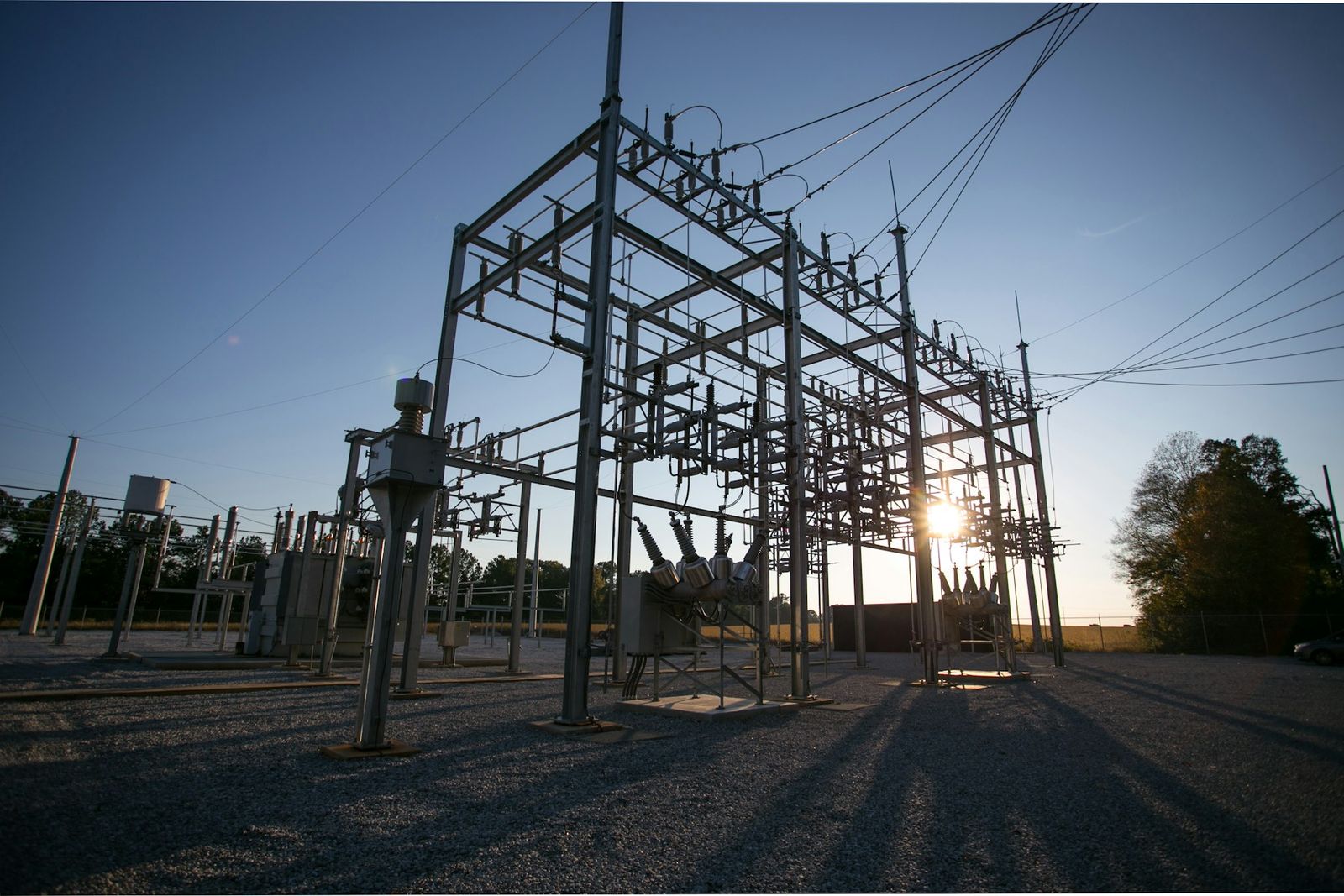 Substation switchgear at sunset